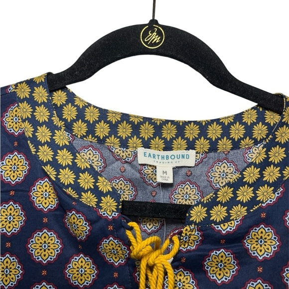 Ditsy Floral Yellow Gold Navy Boho Chic Tiered Peasant Shirt Size: Medium - Picture 3 of 6